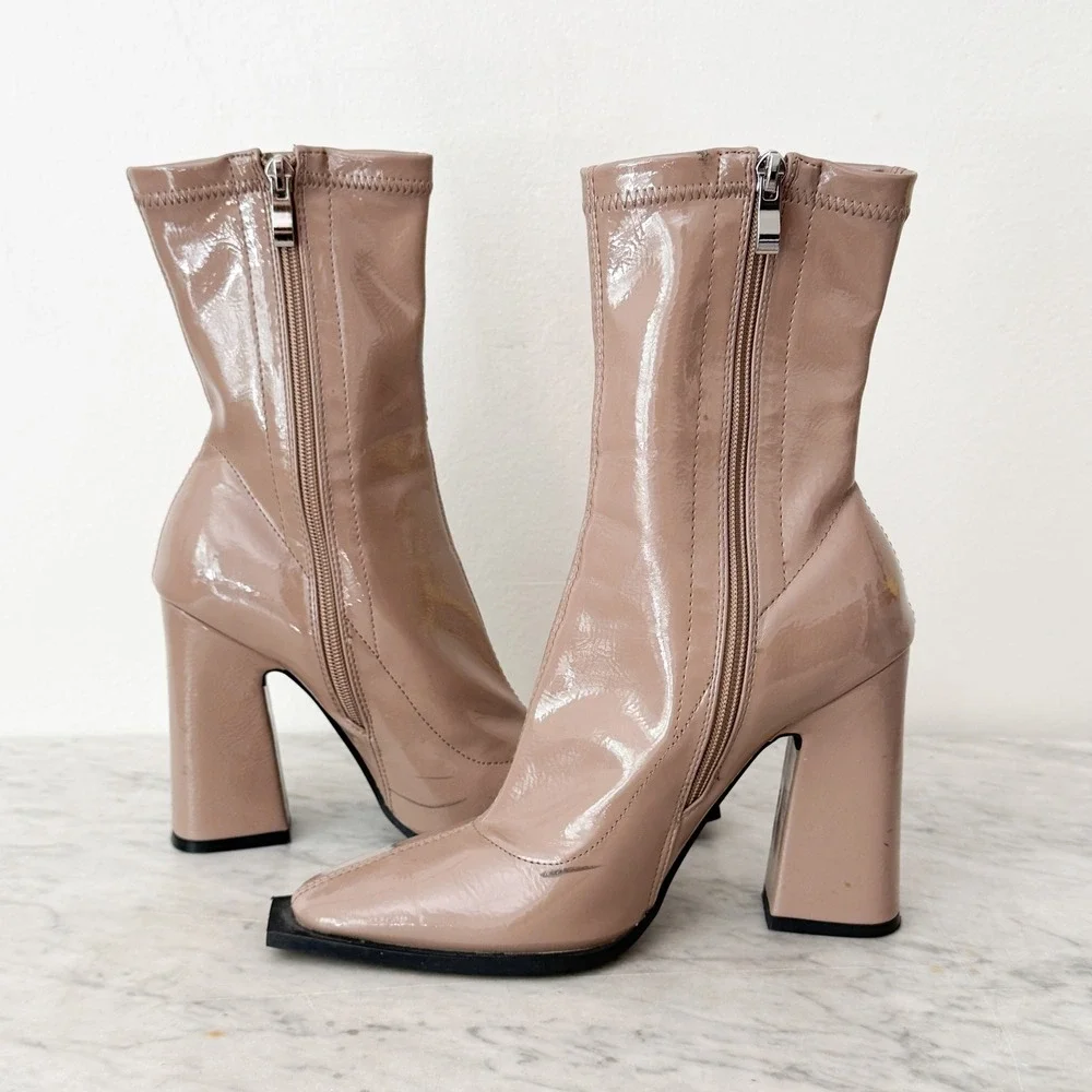 Princess Polly Barcelona Square Toe Block Heel Nude Patent Sock Boots‎ Size 7